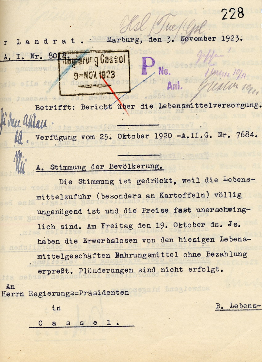 Bericht über die Lebensmittelversorgung des Landrates in Marburg an den Regierungspräsidenten zu Cassel, 3. November 1923.