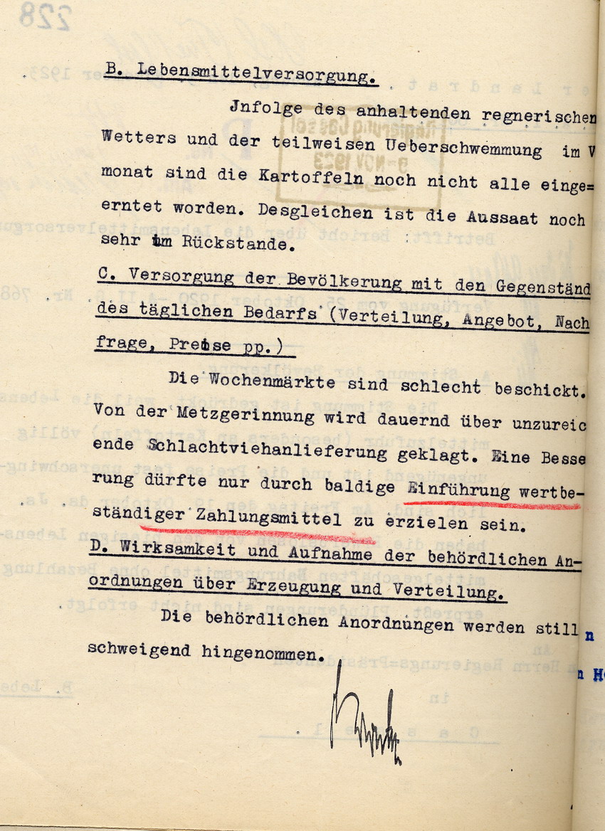Bericht über die Lebensmittelversorgung des Landrates in Marburg an den Regierungspräsidenten zu Cassel, 3. November 1923.