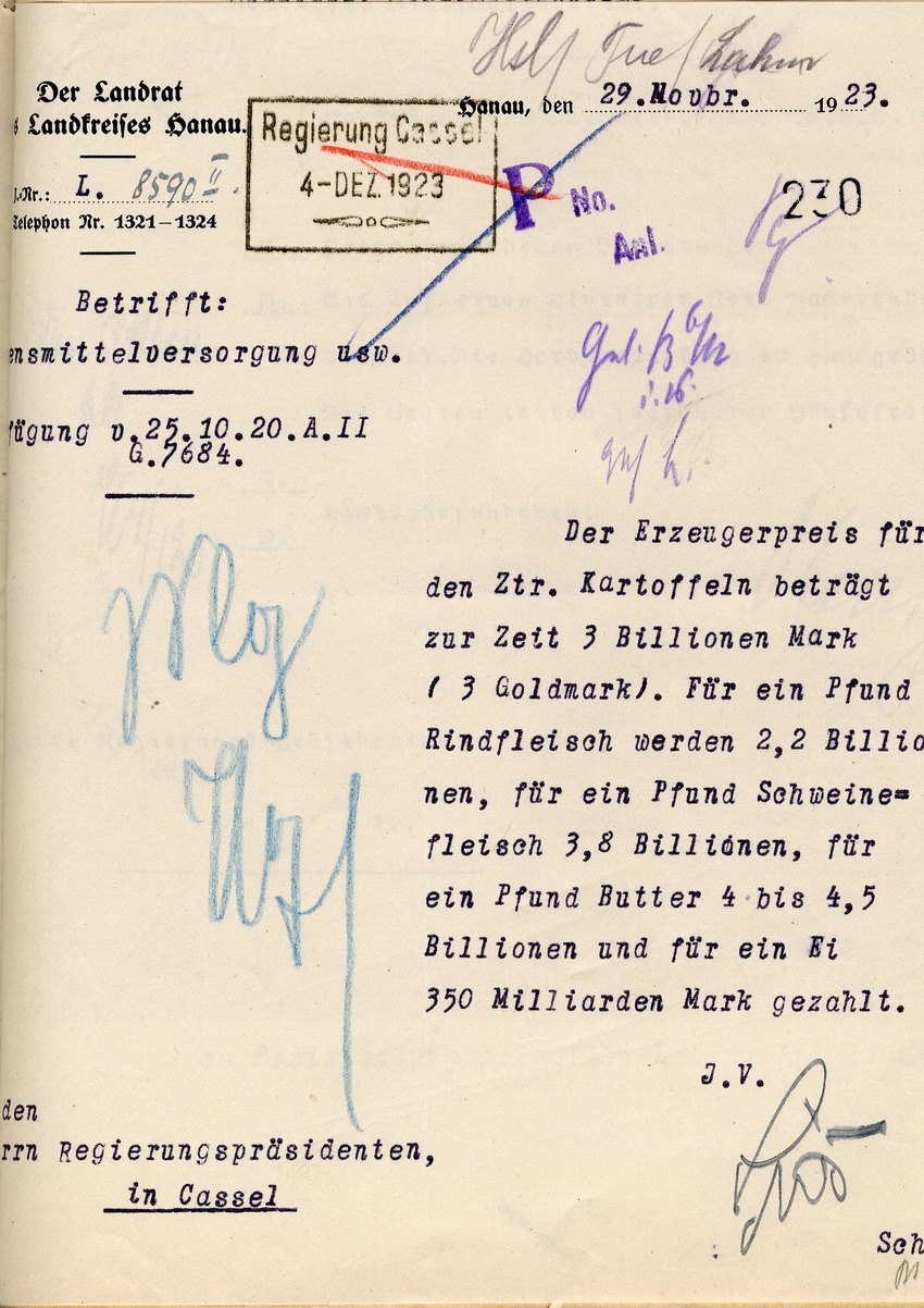 Bericht über die Lebensmittelversorgung usw. des Landrates in Hanau an den Regierungspräsidenten zu Cassel, 29. November 1923.