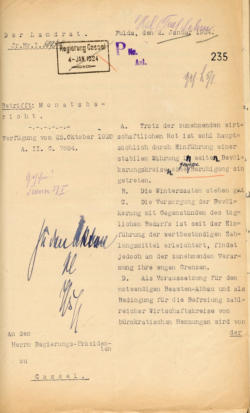 Monatsbericht des Landrates in Fulda an den Regierungspräsidenten zu Cassel, 2. Januar 1924.