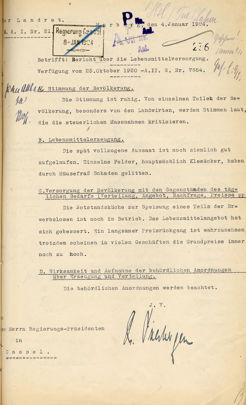 Bericht über die Lebensmittelversorgung des Landrates in Marburg an den Regierungspräsidenten zu Cassel, 4. Januar 1924.