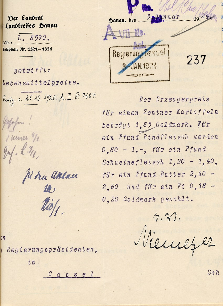 Bericht über die Lebensmittelpreise des Landrates in Hanau an den Regierungspräasidenten zu Cassel, 5. Januar 1924.
