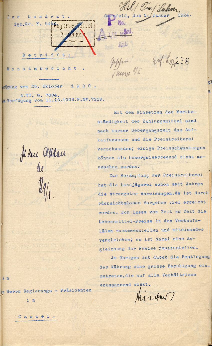 Monatsbericht des Landrates in Gersfeld an den Regierungspräsidenten zu Cassel, 5. Januar 1924.