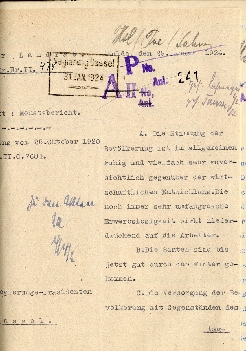 Monatsbericht des Landrates in Fulda an den Regierungspräsidenten zu Cassel, 29. Januar 1924.