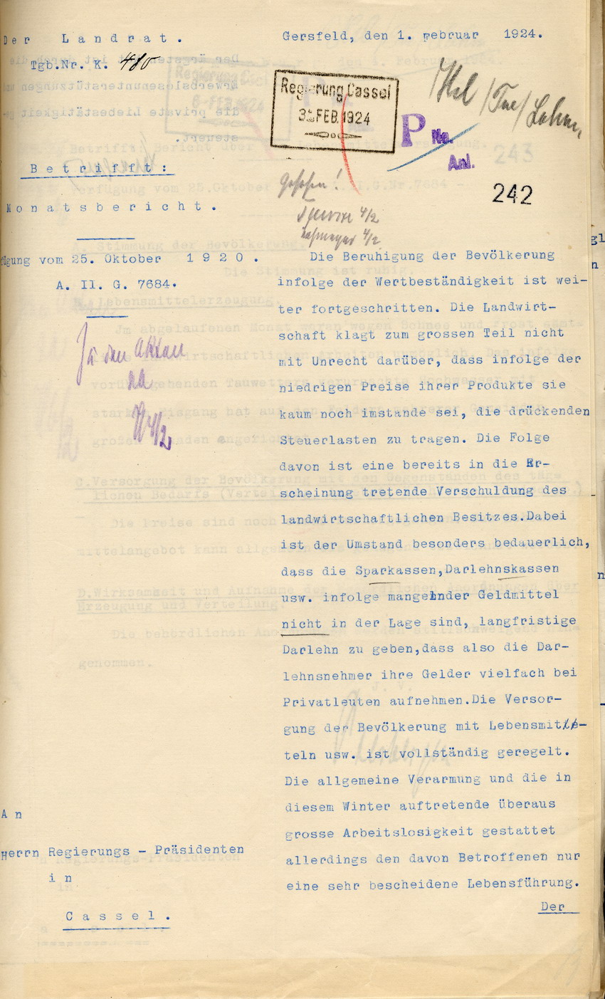 Monatsbericht des Landrats in Gersfeld an den Regierungspräsidenten zu Cassel, 1. Februar 1924.