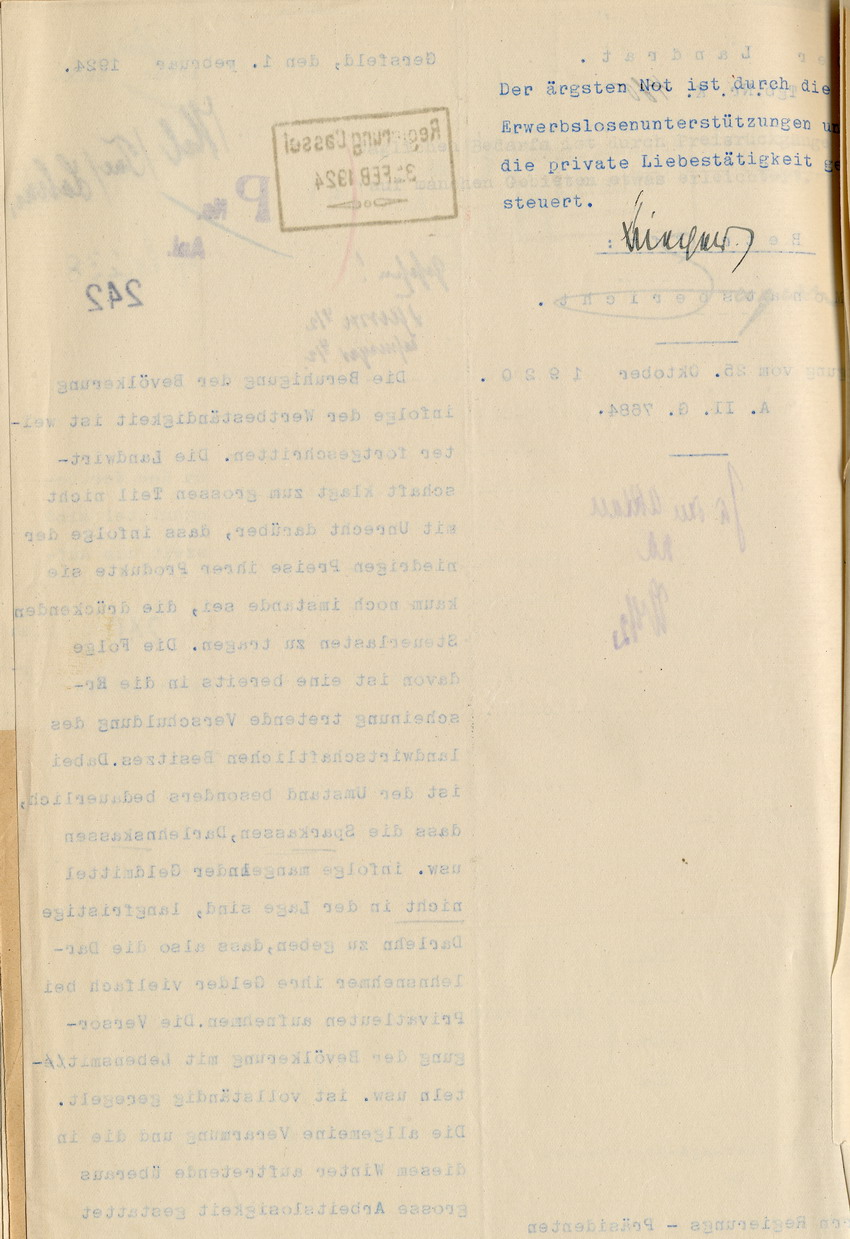 Monatsbericht des Landrats in Gersfeld an den Regierungspräsidenten zu Cassel, 1. Februar 1924.