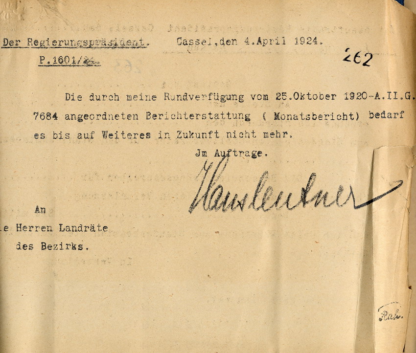 Der Regierungspräsident zu Cassel an die Ländräte des Bezirks, 4. April 1924.