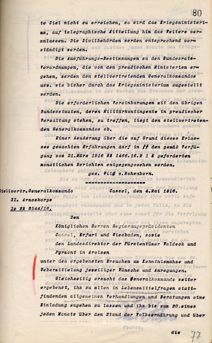 Das stellv. Generalkommando des XI. Armeekorps mit dem Erlass Ie N2 8544/16 über die Lebensmittelfrage an die Regierungspräsidenten zu Cassel, Erfurt, Wiesbaden und die Landesdirektoren in Waldeck und Pyrmont, Cassel 4. Mai 1916 + Erlass des Kriegsmineste