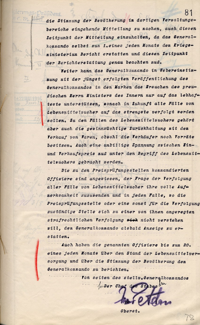 Das stellv. Generalkommando des XI. Armeekorps mit dem Erlass Ie N2 8544/16 über die Lebensmittelfrage an die Regierungspräsidenten zu Cassel, Erfurt, Wiesbaden und die Landesdirektoren in Waldeck und Pyrmont, Cassel 4. Mai 1916 + Erlass des Kriegsmineste