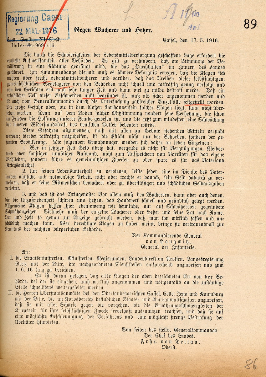 Erlass Ib/Ie Nr. 9695/16 „Gegen Wucherer und Hetzer“ des stellv. Generalkommandos XI. Armeekorps, Cassel 17. Mai 1916.