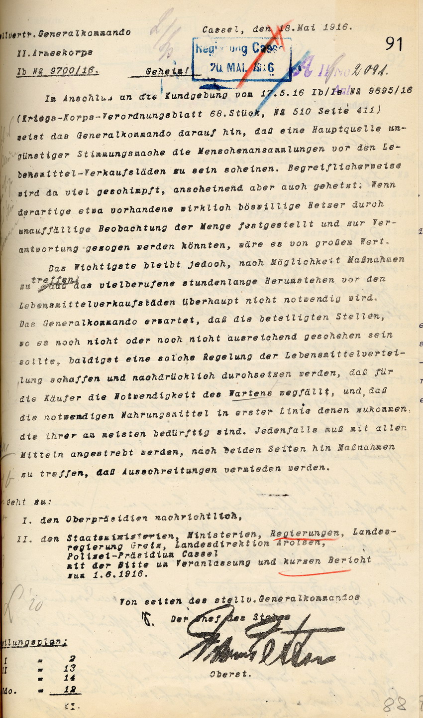 Geheimer Erlass des stellv. Generalkommandos XI. Armeekorps Ib N2 9700/16, Cassel 16. Mai 1916.