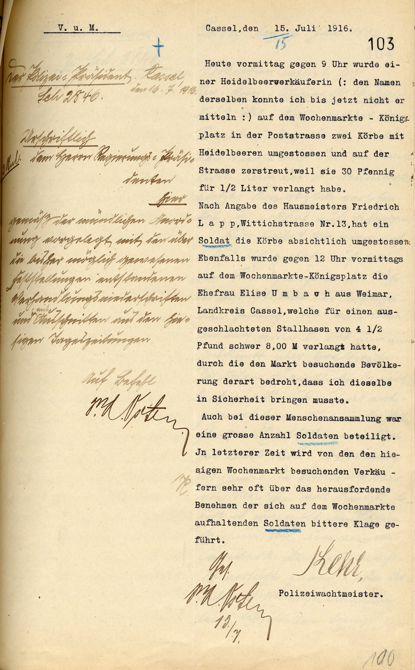 Polizeibericht über Preiwucher auf dem Wochenmarkt, Kassel 15. Juli 1916.