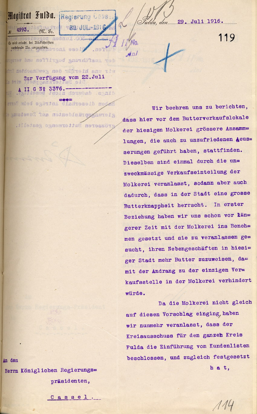 Bericht des Magistrats in Fulda an den Regierungspräsidenten zu Cassel, 29. Juli 1916.