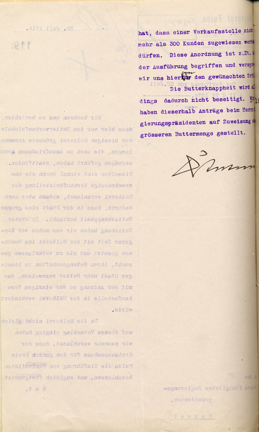 Bericht des Magistrats in Fulda an den Regierungspräsidenten zu Cassel, 29. Juli 1916.