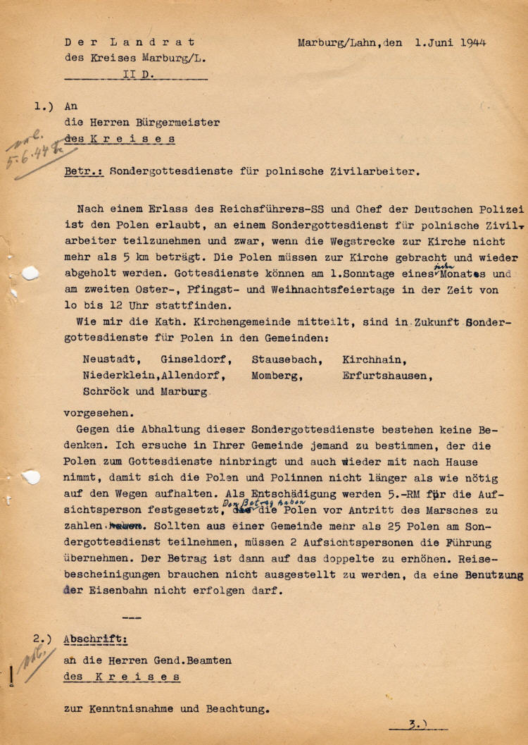 Der Landrat des Kreises Marburg an die Bürgermeister des Kreises: Sondergottesdienste für polnische Zivilarbeiter