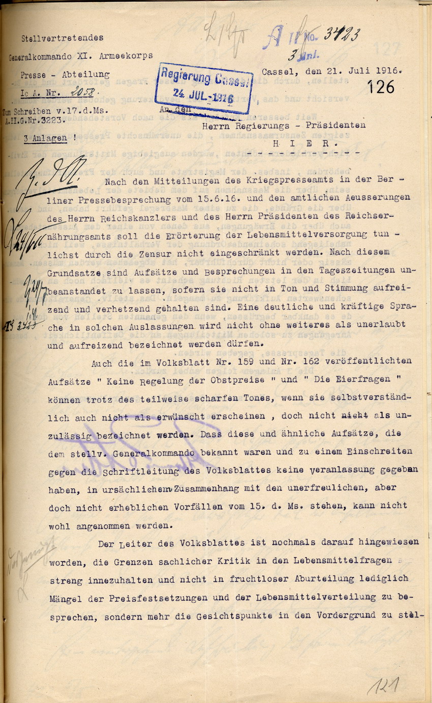 Stellv. Generalkommando des XI. Armeekorps, Presseabteilung, Ic A. Nr. 2058,  Über die Frage der Zensur an den Regierungspräsidenten zu Cassel, 21. Juli 1916.