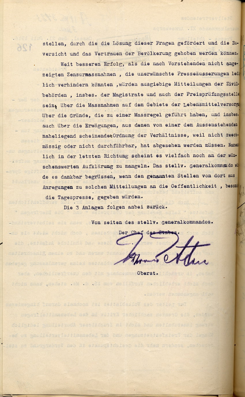 Stellv. Generalkommando des XI. Armeekorps, Presseabteilung, Ic A. Nr. 2058,  Über die Frage der Zensur an den Regierungspräsidenten zu Cassel, 21. Juli 1916.