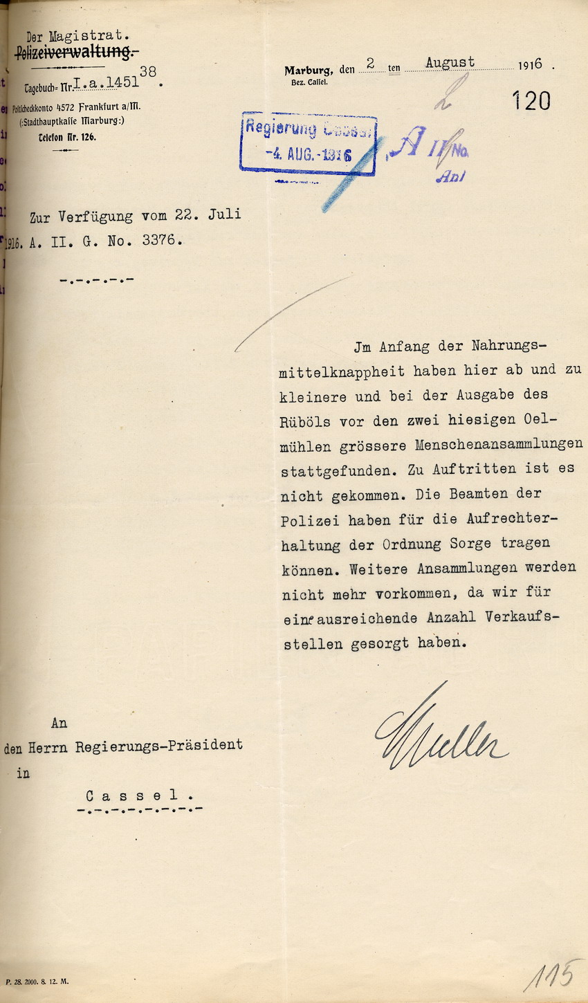 Bericht des Magistrats in Marburg über die Lebensmittelverteilung an den Regierungspräsidenten zu Cassel, 2. August 1916.