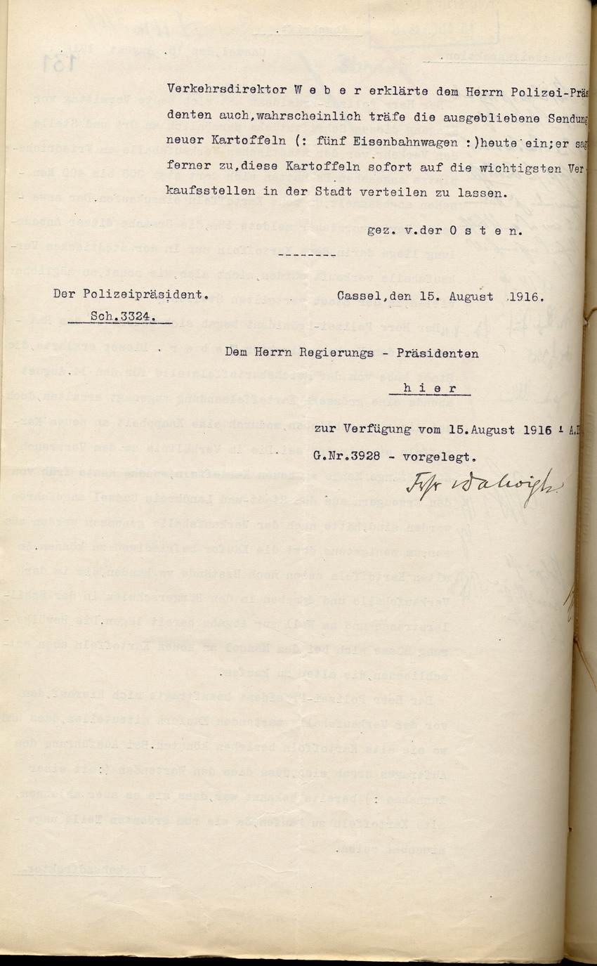 Bericht des Polizeipräsidenten in Cassel über die Lebensmittelversorgung und -verteilung an den Regierungspräsidenten zu Cassel, 15. August 1916.