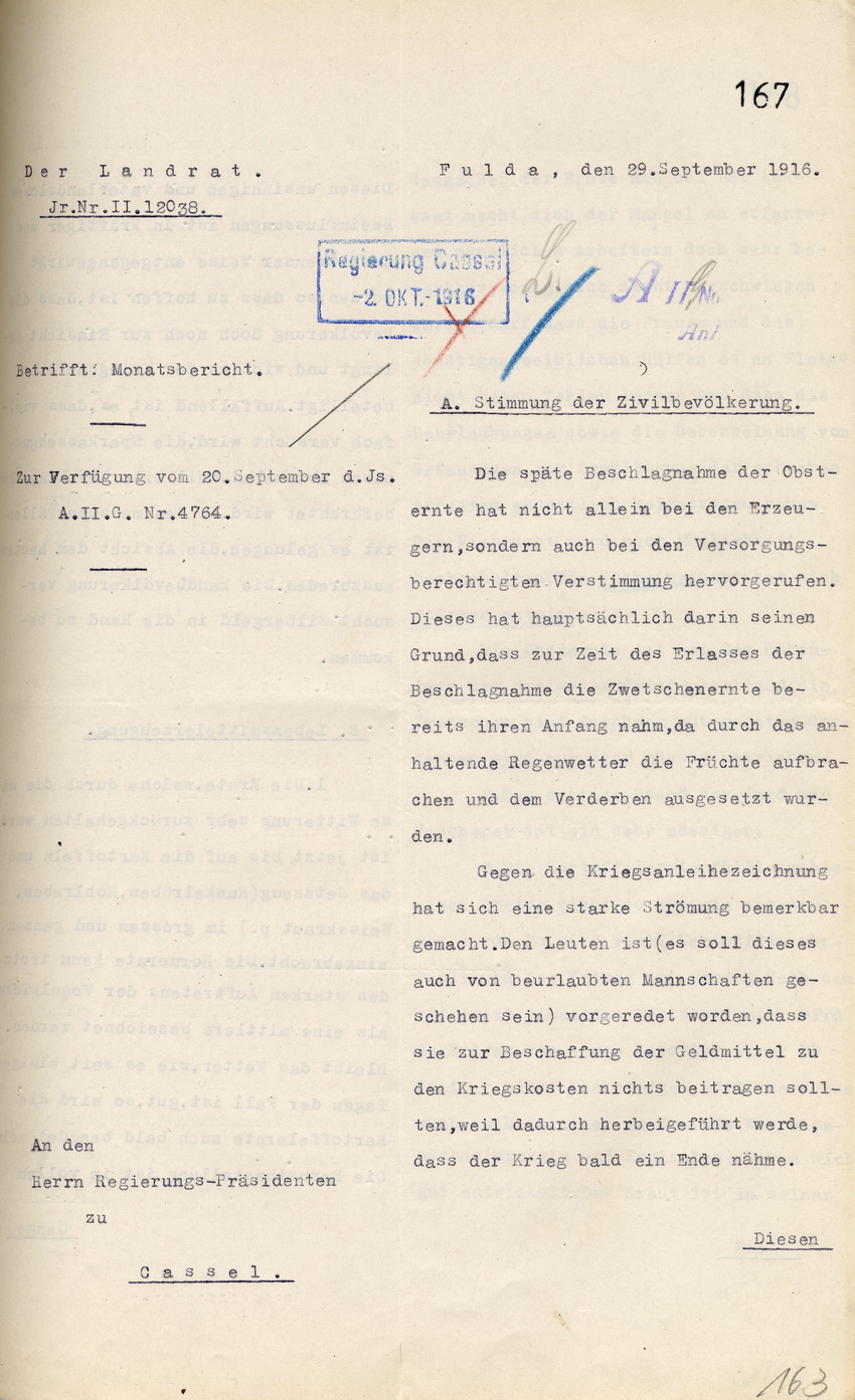 Monatsbericht des Landrates in Fulda an den Regierungspräsidenten zu Cassel, 29. September 1916.