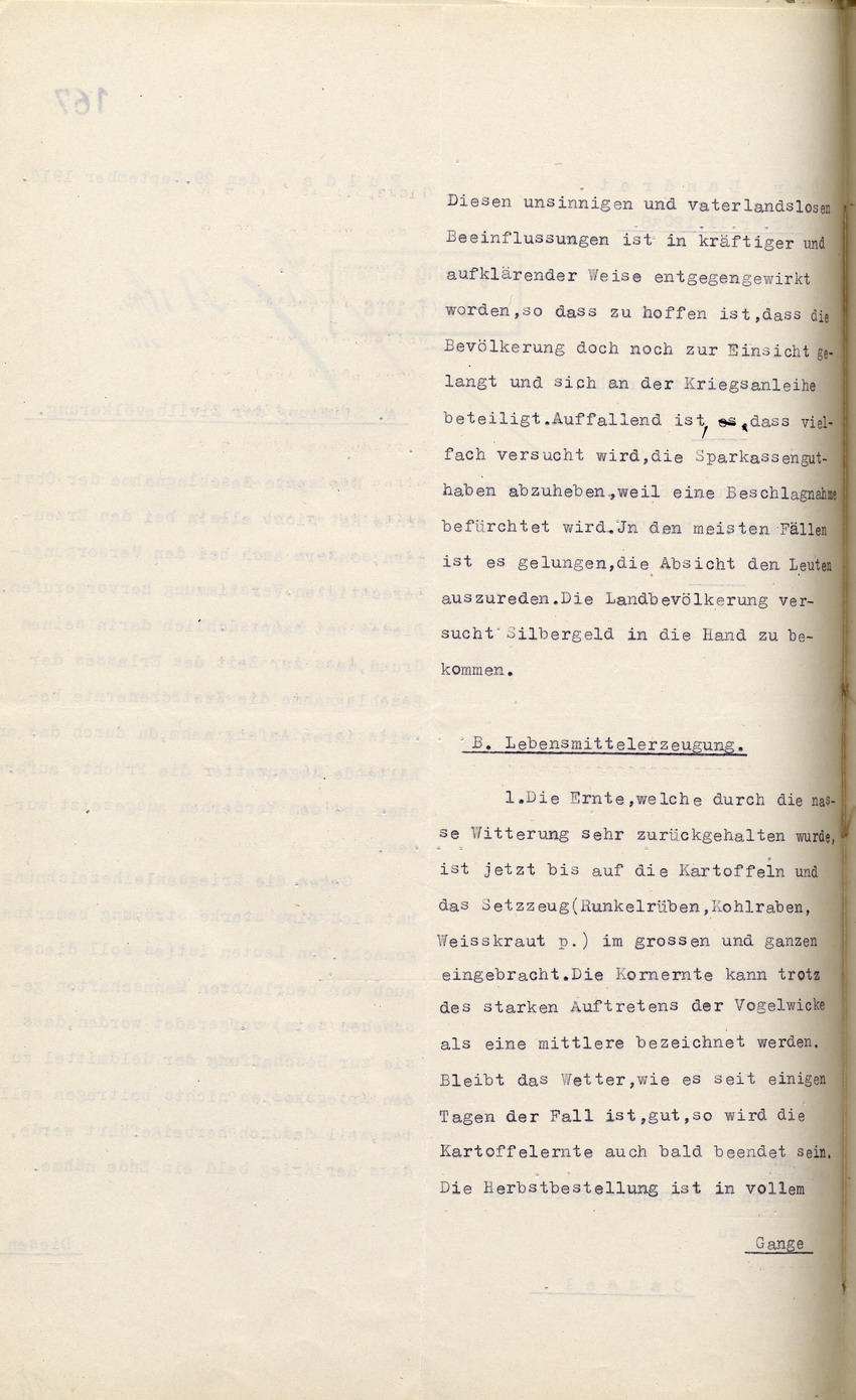 Monatsbericht des Landrates in Fulda an den Regierungspräsidenten zu Cassel, 29. September 1916.