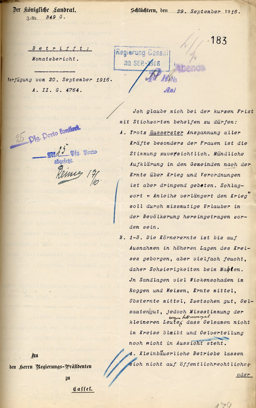 Monatsbericht des Kgl. Landrates in Schlüchtern an den Regierungspräsidenten zu Cassel, 29. September 1916.
