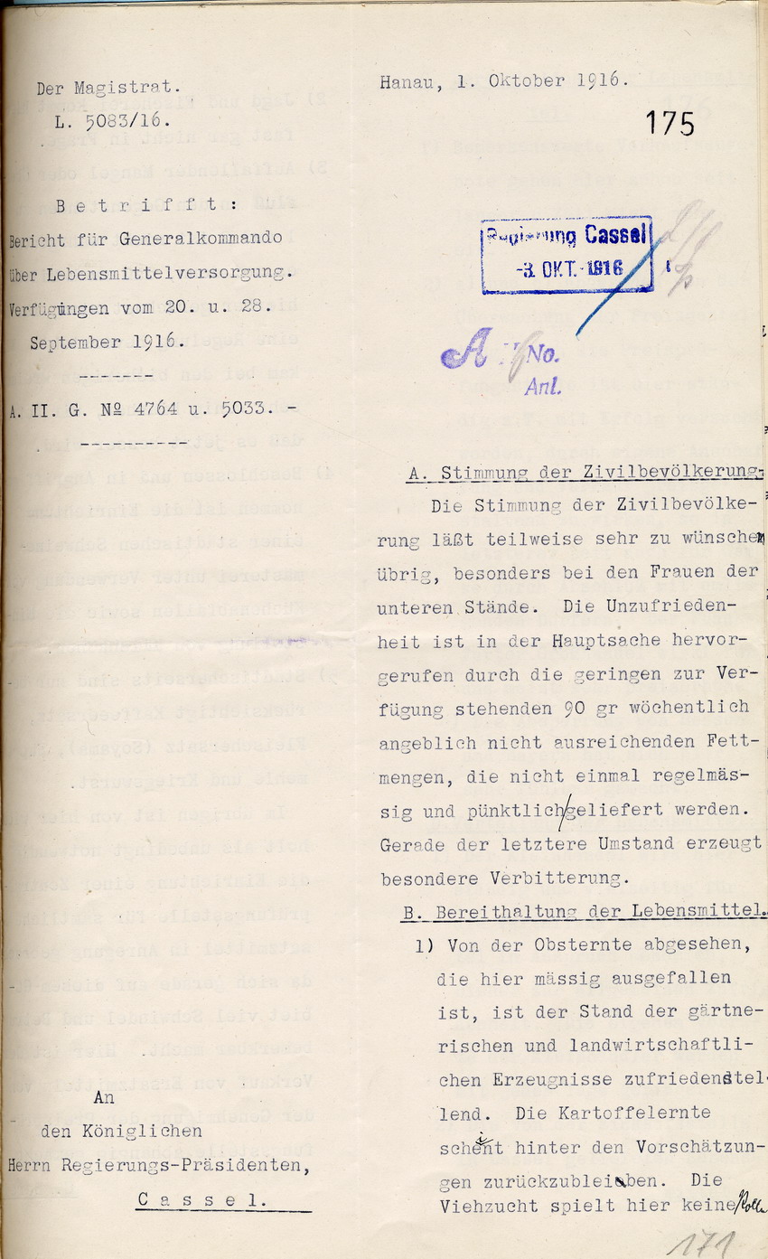 Bericht über die Lebensmittelversorgung des Magistrats in Hanau an den Regierungspräsidenten zu Cassel, 1. Oktober 1916.