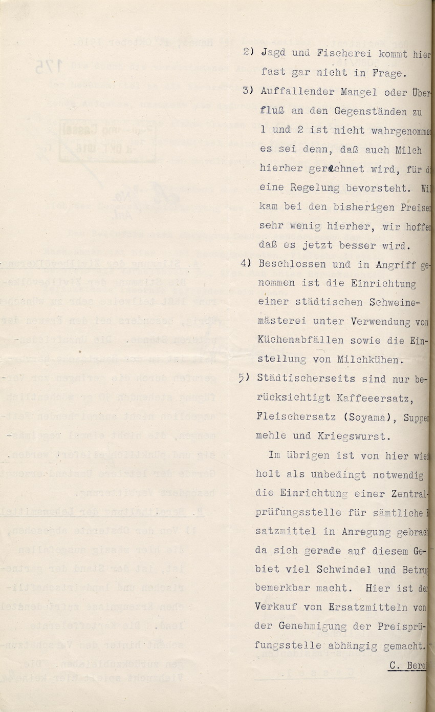 Bericht über die Lebensmittelversorgung des Magistrats in Hanau an den Regierungspräsidenten zu Cassel, 1. Oktober 1916.