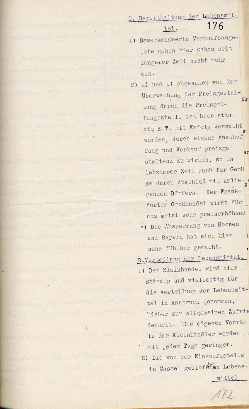 Bericht über die Lebensmittelversorgung des Magistrats in Hanau an den Regierungspräsidenten zu Cassel, 1. Oktober 1916.