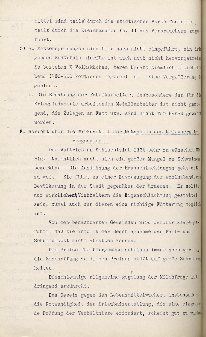 Bericht über die Lebensmittelversorgung des Magistrats in Hanau an den Regierungspräsidenten zu Cassel, 1. Oktober 1916.