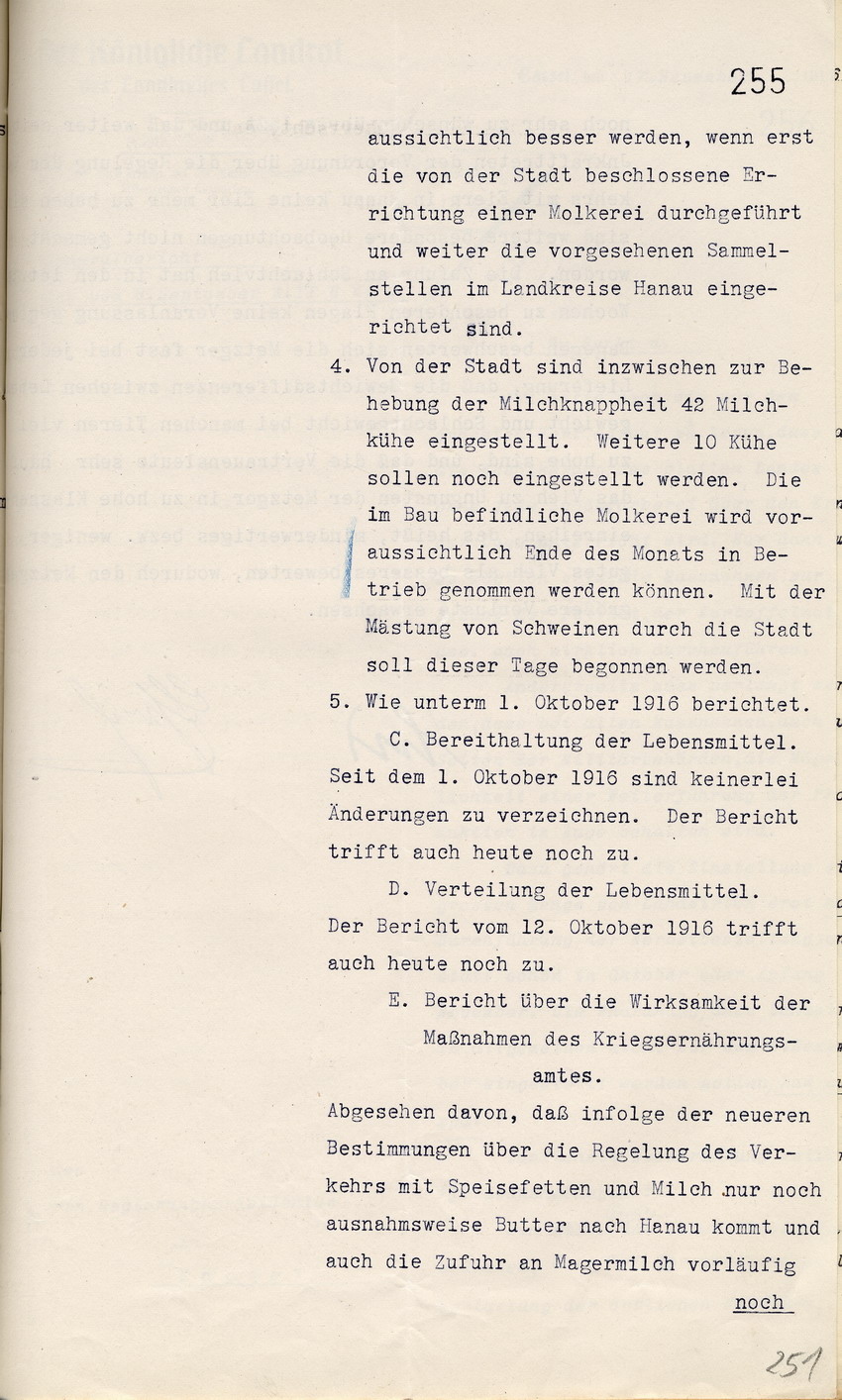 Bericht über die Lebensmittelversorgung des Magistrats in Hanau an den Regierungspräsidenten zu Cassel, 17. November 1916.