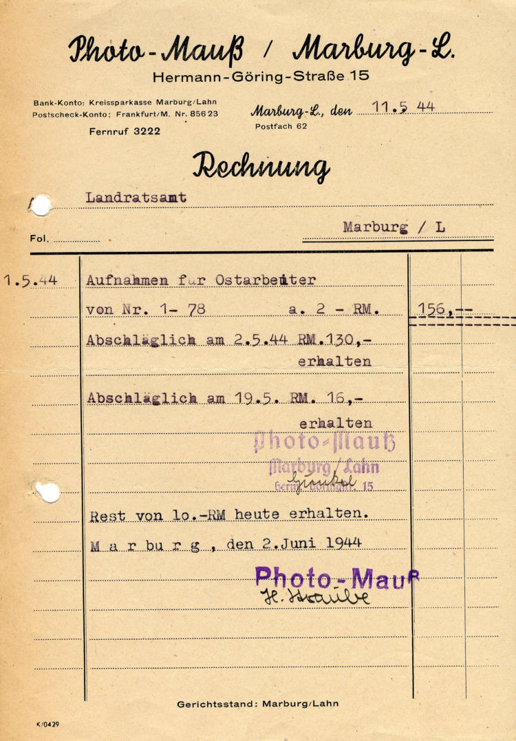 Rechnung Foto Mauß an das Landratsamt Marburg: Aufnahmen für Ostarbeiter Nr. 1-78