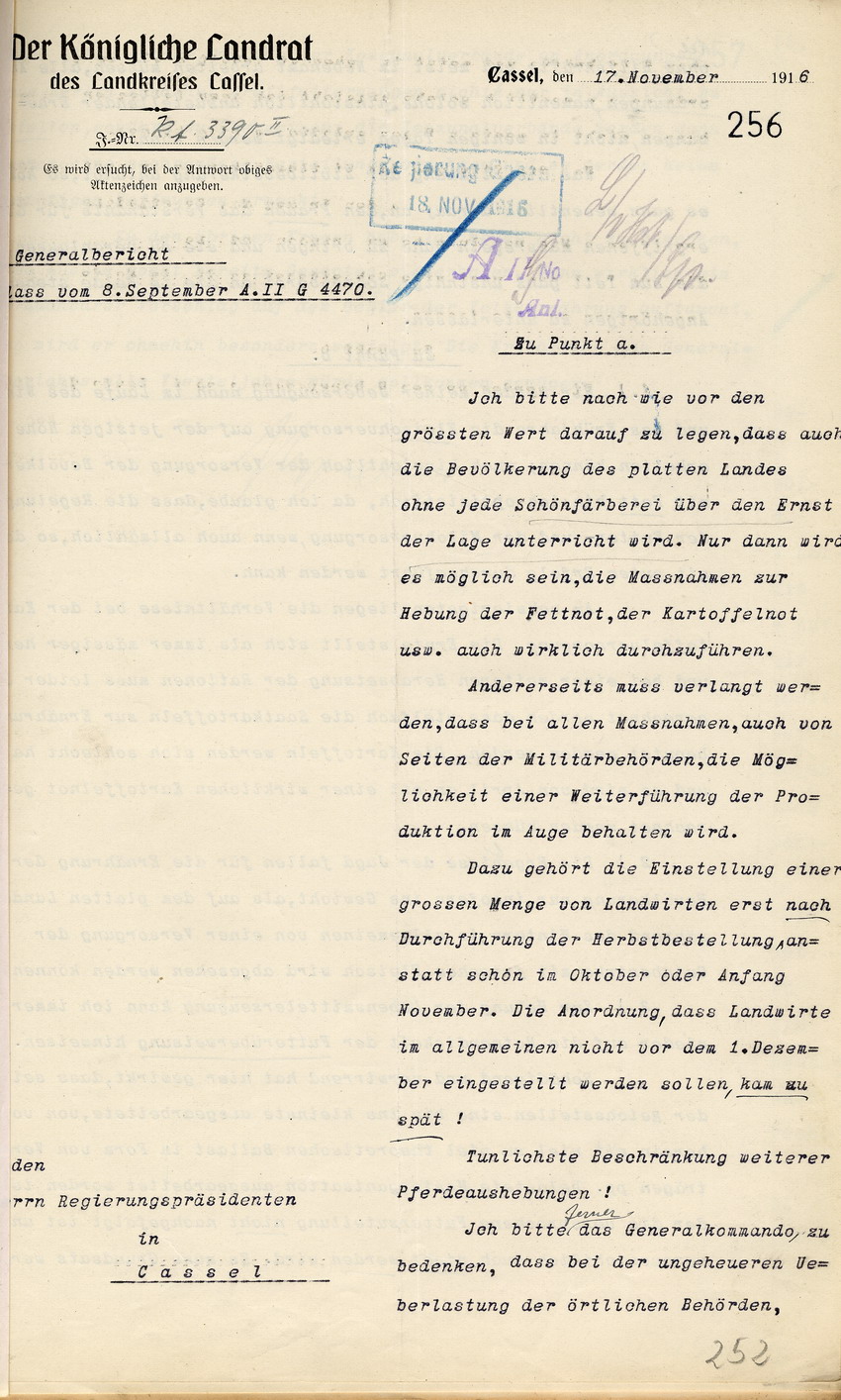 Generalbericht des Kgl. Landrates in Cassel an den Regierungspräsidenten zu Cassel, 17. November 1916.