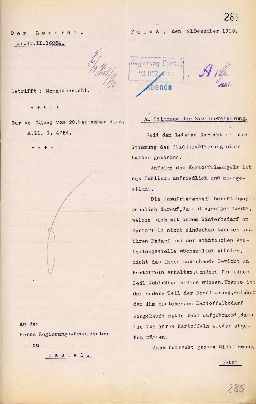 Monatsbericht des Landrates in Fulda an den Regierungspräsidenten zu Cassel, 21. Dezember 1916.