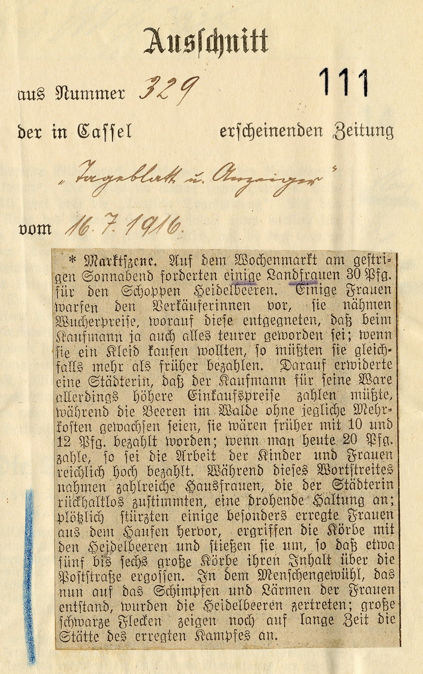 Zeitungsausschnitt aus "Tagesblatt und Anzeiger" betr. Wucherei auf dem Markt, Cassel 16. Juli 1916.