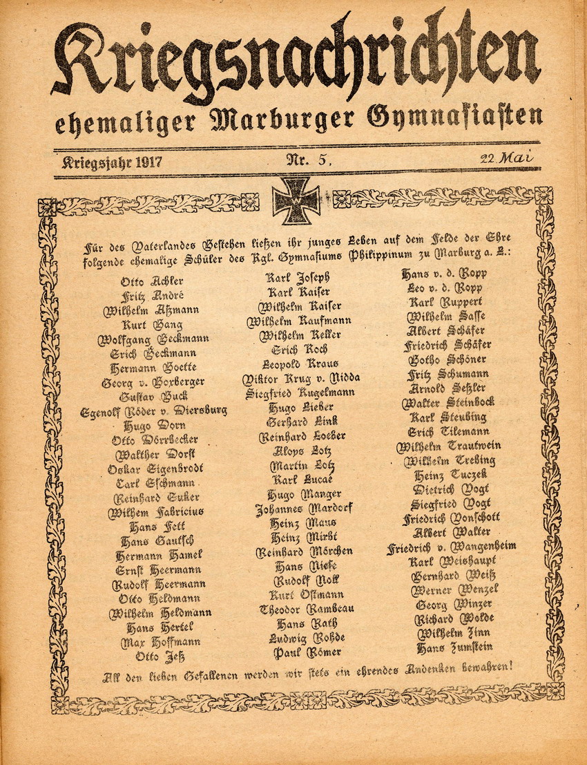 Kriegsnachrichten ehemaliger Marburger Gymnasiasten, Kriegsjahr 1917, Nr. 5 vom 22. Mai 1917
