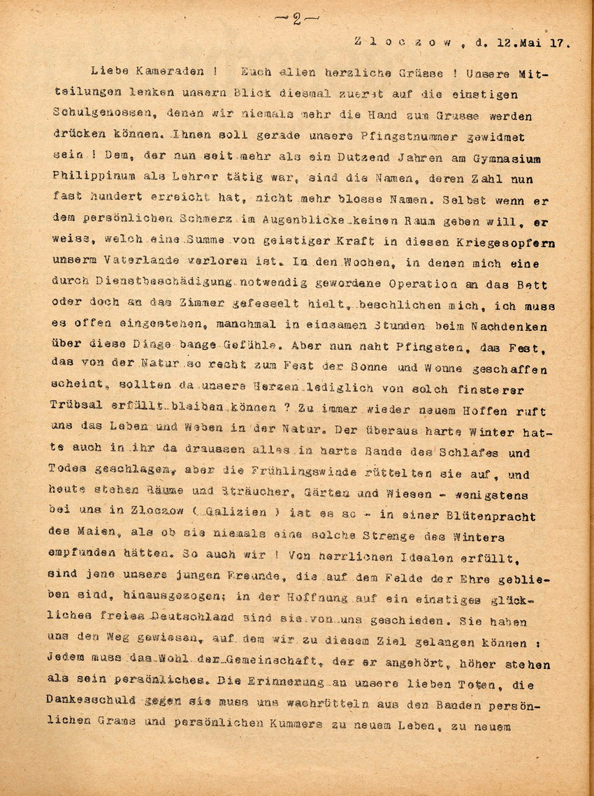 Kriegsnachrichten ehemaliger Marburger Gymnasiasten, Kriegsjahr 1917, Nr. 5 vom 22. Mai 1917