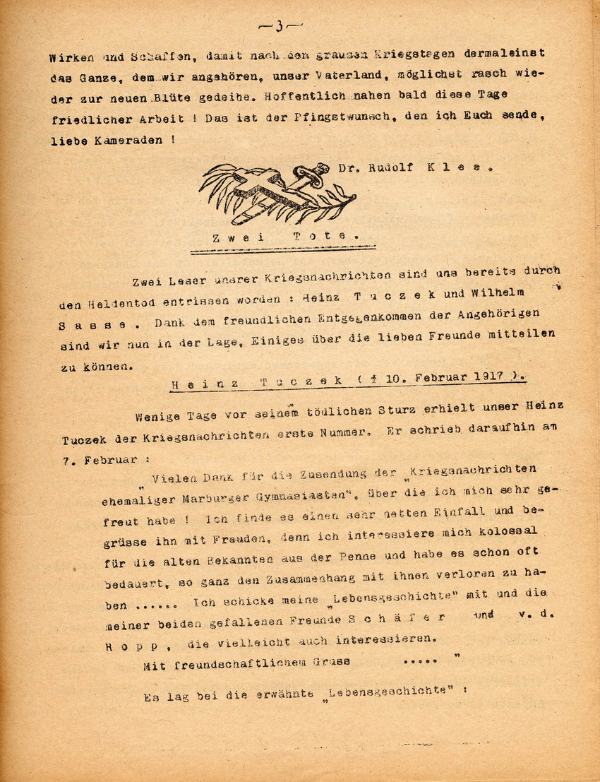 Kriegsnachrichten ehemaliger Marburger Gymnasiasten, Kriegsjahr 1917, Nr. 5 vom 22. Mai 1917