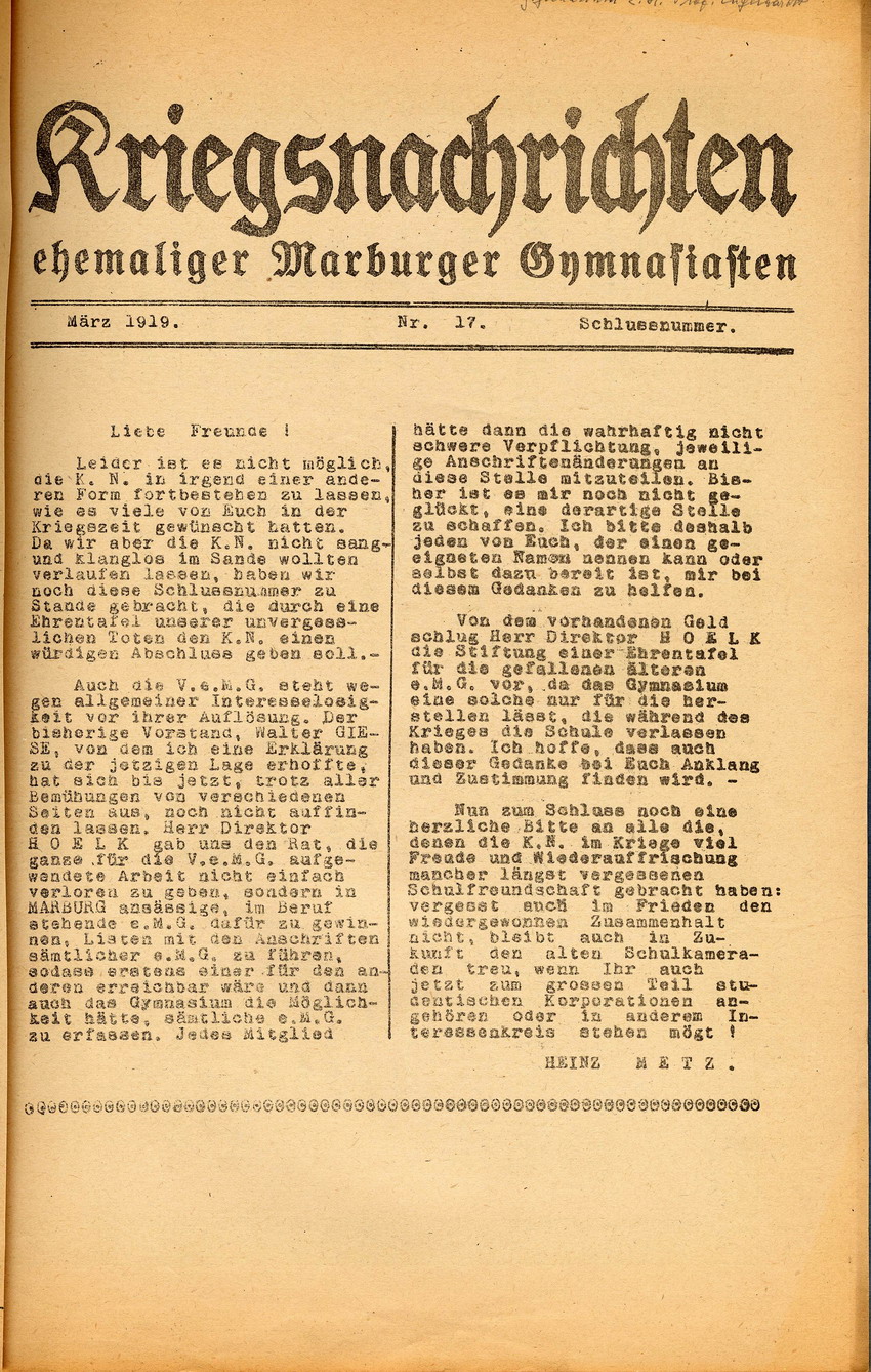 Kriegsnachrichten ehemaliger Marburger Gymnasiasten, März 1919, Schlussnummer