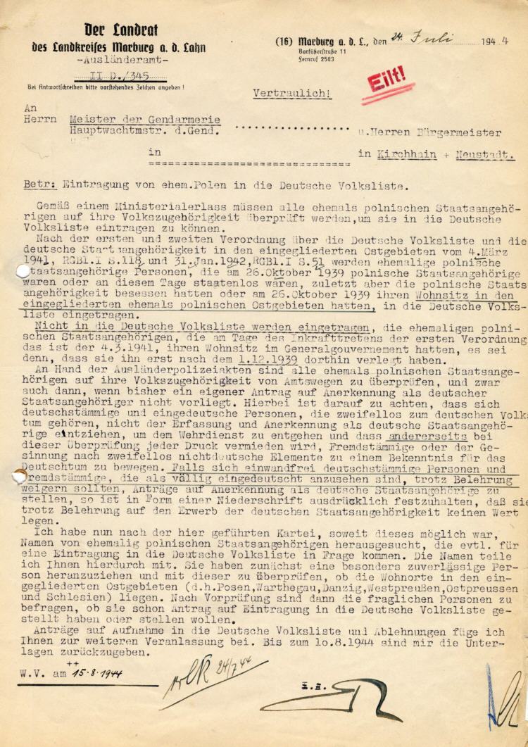 Der Landrat des Kreises Marburg: Eintragung von ehemaligen Polen in die Deutsche Volksliste  (bis 21. November 1944)