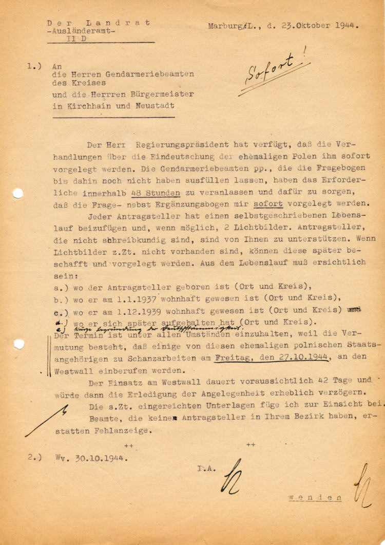 Der Landrat des Kreises Marburg: Eintragung von ehemaligen Polen in die Deutsche Volksliste  (bis 21. November 1944)
