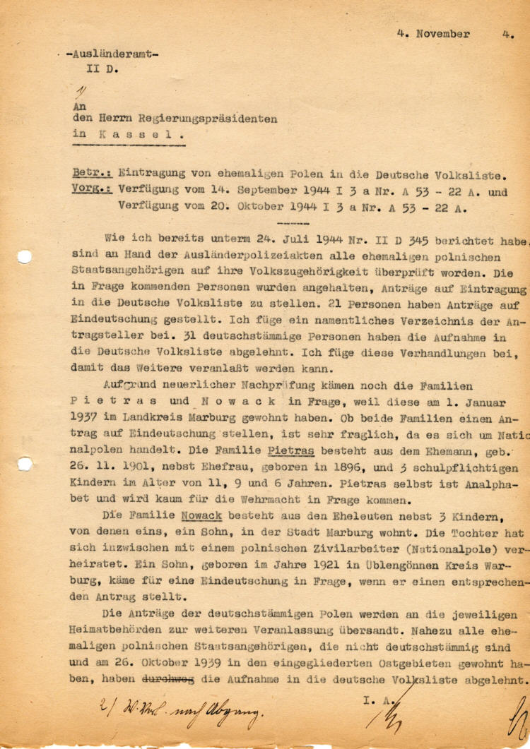 Der Landrat des Kreises Marburg: Eintragung von ehemaligen Polen in die Deutsche Volksliste  (bis 21. November 1944)