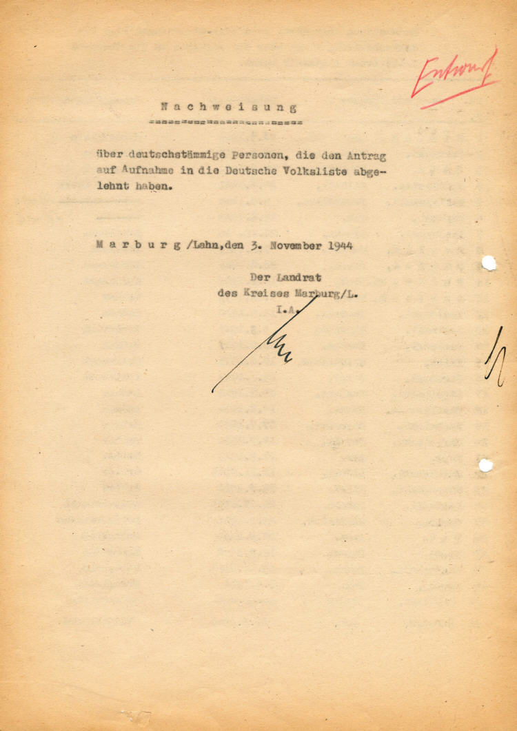Der Landrat des Kreises Marburg: Eintragung von ehemaligen Polen in die Deutsche Volksliste  (bis 21. November 1944)