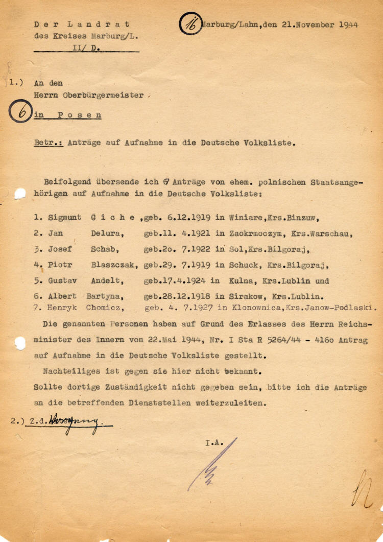 Der Landrat des Kreises Marburg: Eintragung von ehemaligen Polen in die Deutsche Volksliste  (bis 21. November 1944)