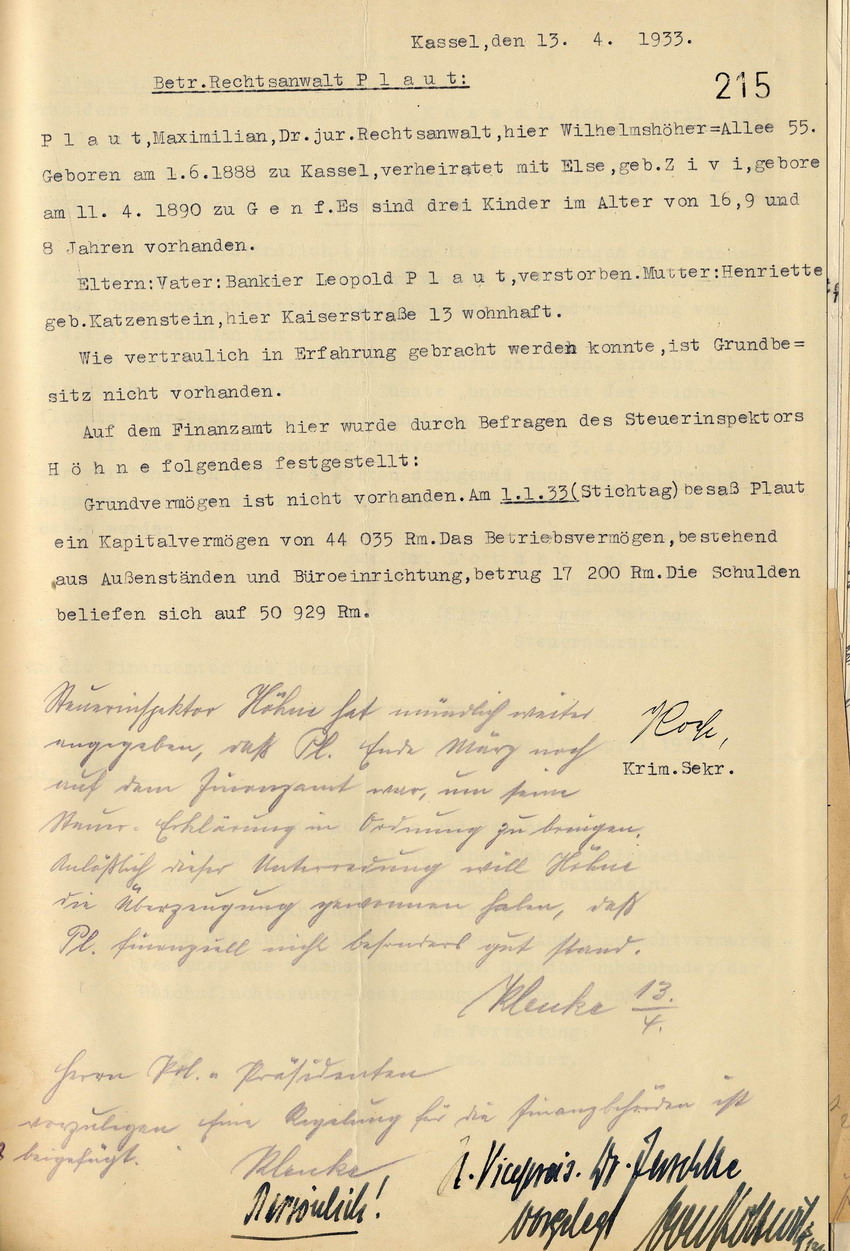 Polizeilicher Vermerk über persönliche und finanzielle Verhältnisse von Dr .Max Plaut, 13. April 1933