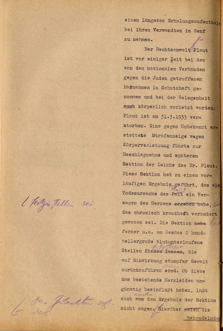 Der komm. Regierungspräsident Kassel an den Preußischen Minister des Innern, Berlin: Verweigerung eines Ausreisesichtvermerks für die Witwe Else Plaut nach der Schweiz, 7. April 1933