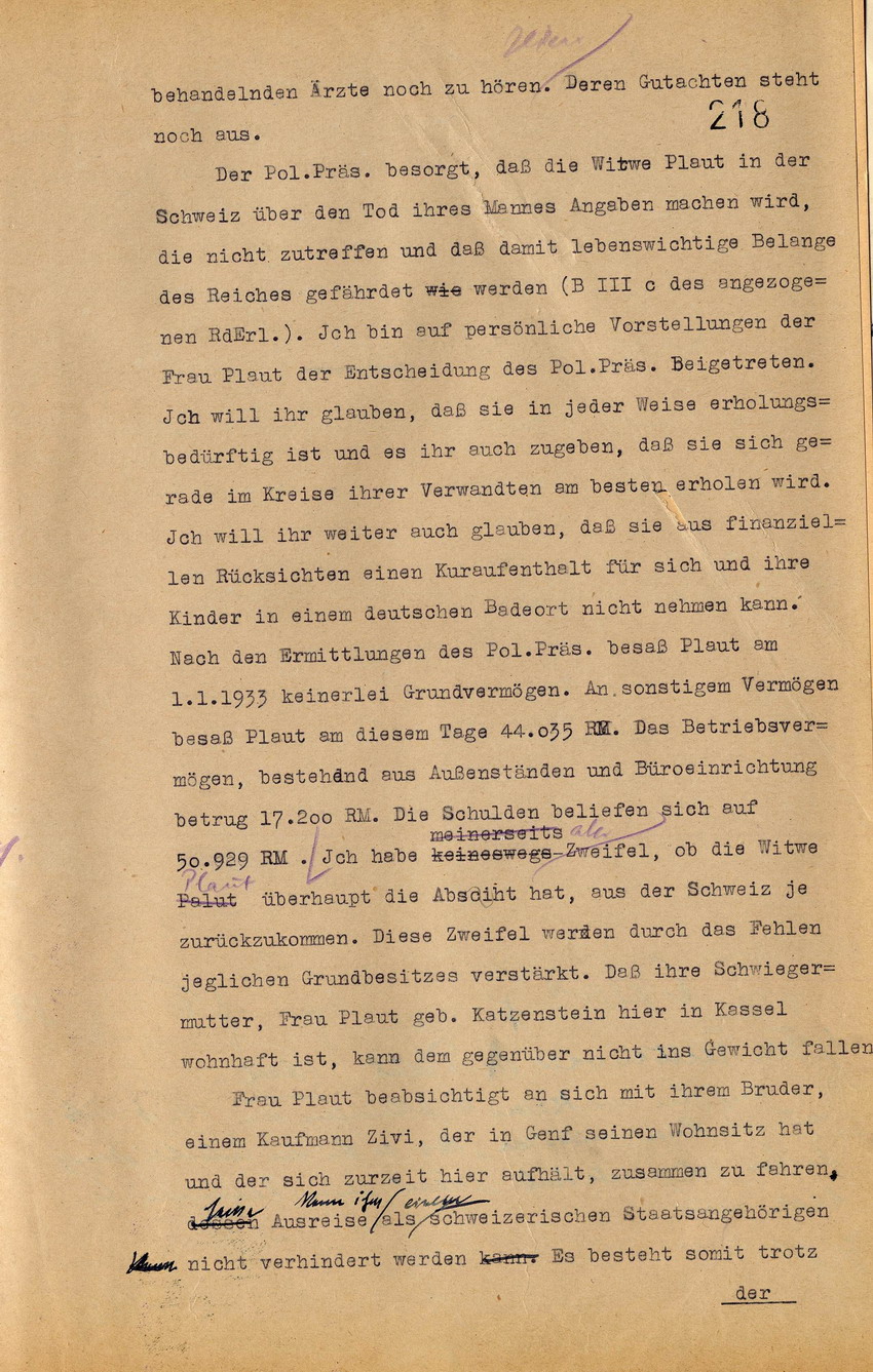 Der komm. Regierungspräsident Kassel an den Preußischen Minister des Innern, Berlin: Verweigerung eines Ausreisesichtvermerks für die Witwe Else Plaut nach der Schweiz, 7. April 1933