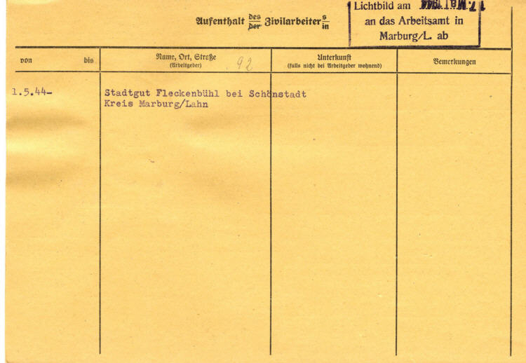 Zivilarbeiter aus Sowjetrußland: Gut Fleckenbühl, Kreis Marburg
