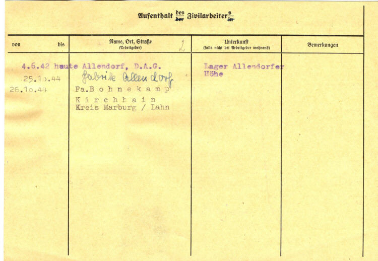 Zivilarbeiter aus Sowjetrußland: DAG Allendorf , Kreis Marburg (Lager Allendorfer Höhe)