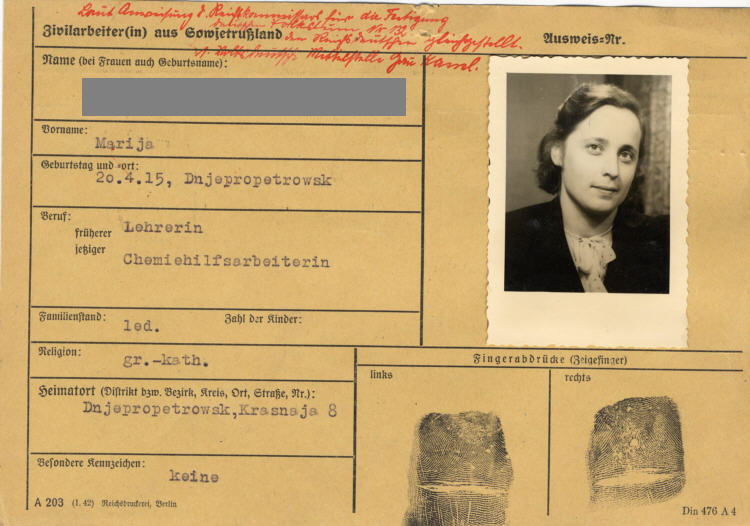 Zivilarbeiterin aus Sowjetrußland: I.G. Farben Behringwerke. Später den „Reichsdeutschen“ gleichgestellt